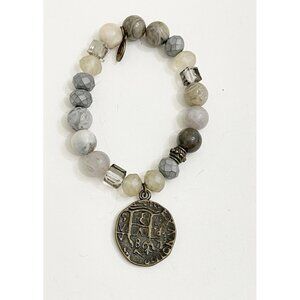 Agate Stone Piece Of Eight Shipwreck Coin Doubloon Dangle Charm Stretch Bracelet